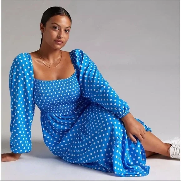 Anthropologie Dolan Laney Smocked Polka Dot Midi Casual Dress Blue size 2X - Picture 4 of 14
